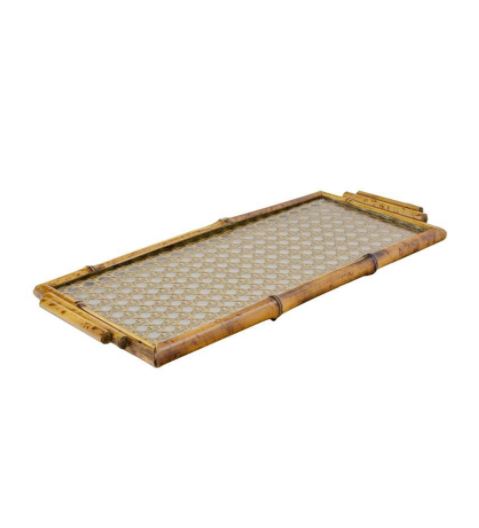 Bandeja Retangular em Bambu e Palha Dourada - 41x17 cm